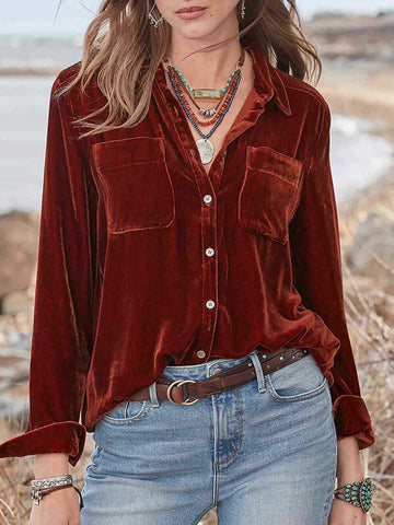 Airchics blouse unicolore boutonnage avec poches col chemise femme casual vintage